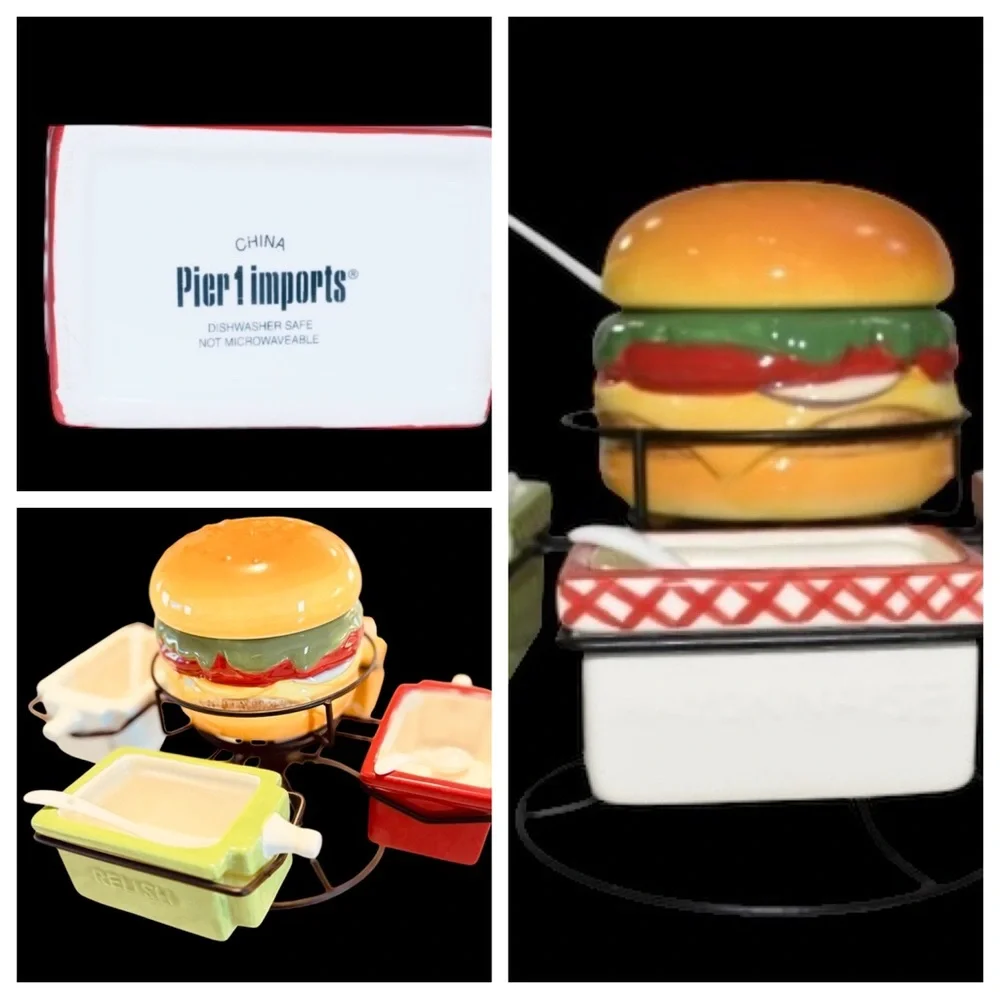 Pier 1 Imports Hand-Painted Earthenware BURGER Condiments Spinner Tray